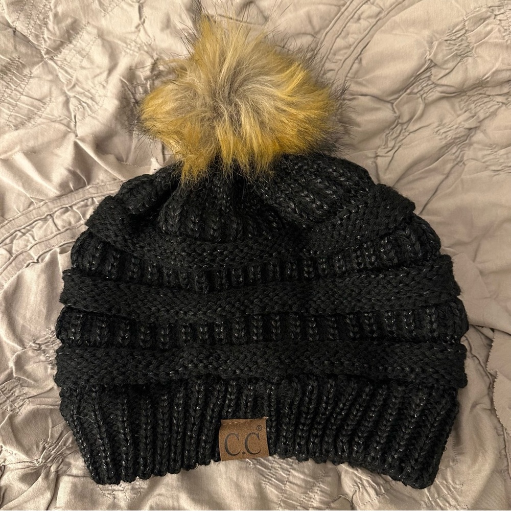 C.C Black Knit Beanie with Fur Pom